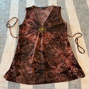 Vtg MCM SZ XL Brownish burgundy Paisley Floral Velvet Semi Sheer Sleeveless Top